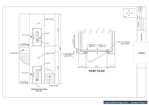 Architectural elevation and part plan for a residential elevator addition, showing shaft openings and landing clearances
