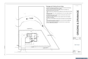 Civil grading and drainage plan sheet showing swale grading, flow arrows and stormwater notes